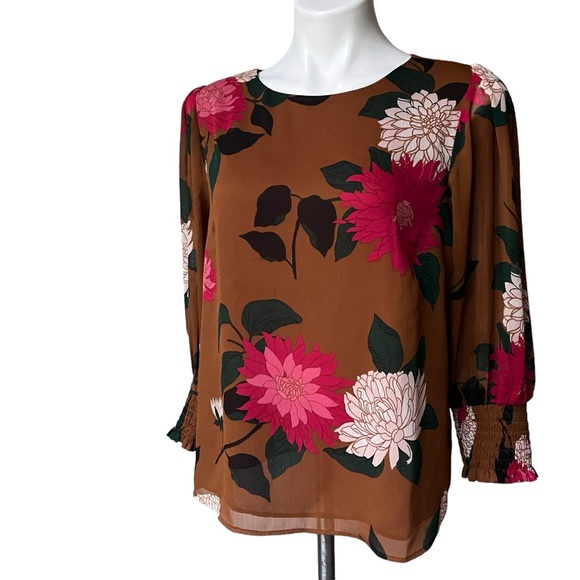 Ann Taylor Factory Sheer Brown Floral Overlay Balloon Sleeve Blouse, Sz M - Picture 6 of 13